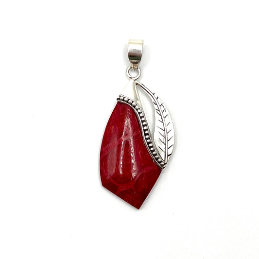 Sterling Silver Red Coral Leaf Pendant