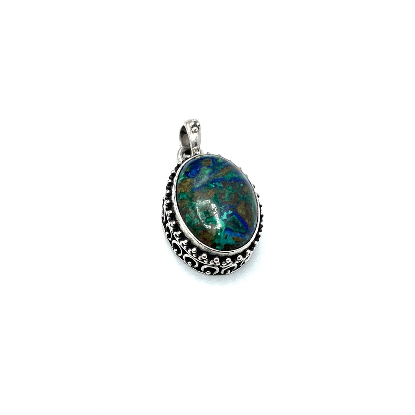 Sterling Silver Beaded Azurite & Malachite Oval Pendants