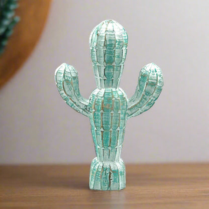 blue hand carved wood cactus, front view