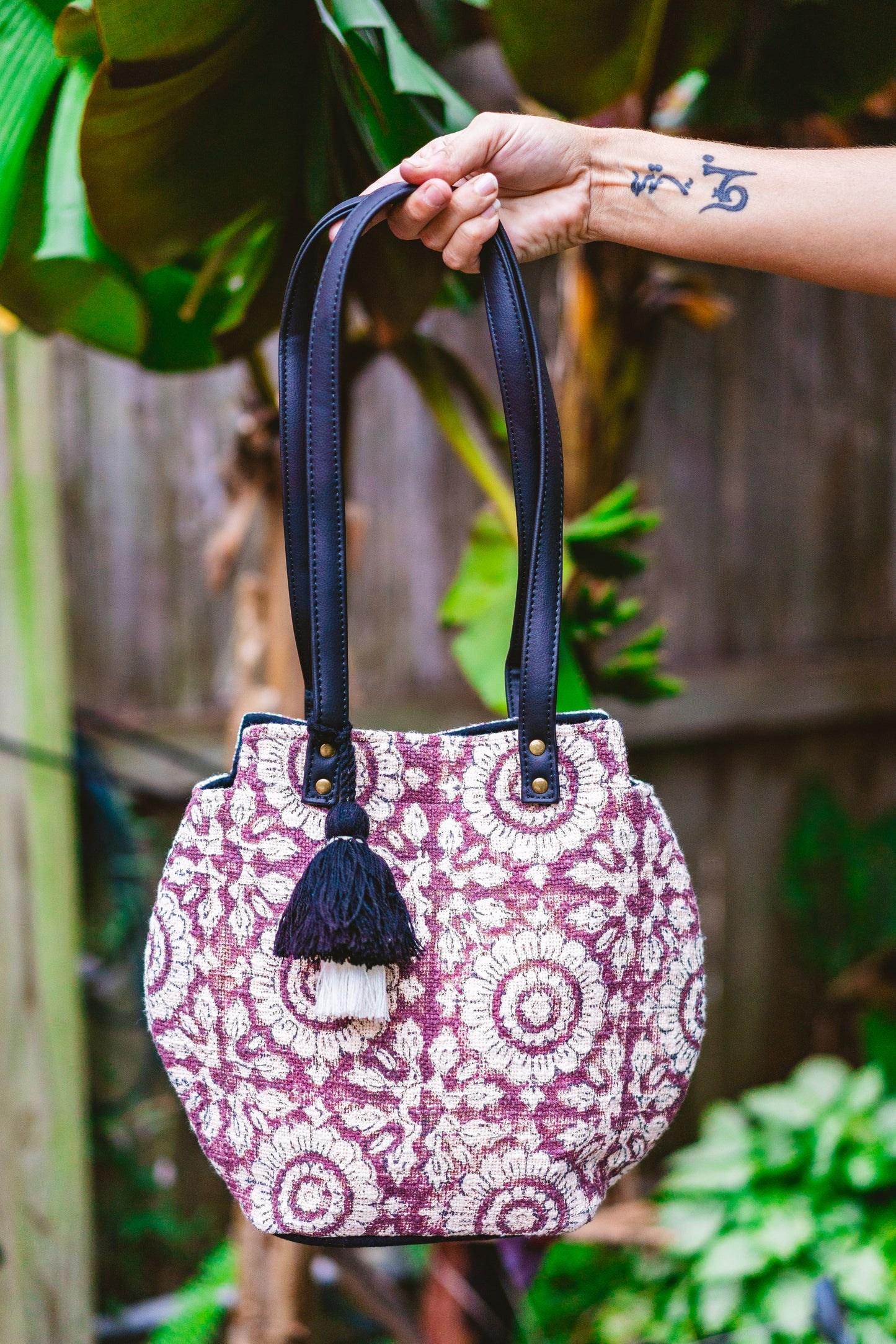 Flower Block Print Tassel Bag