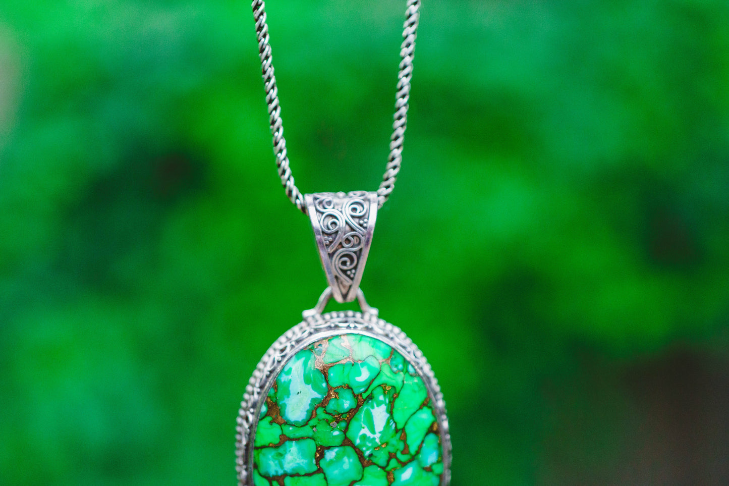 Sterling Silver Filigree Large Green Turquoise Pendants