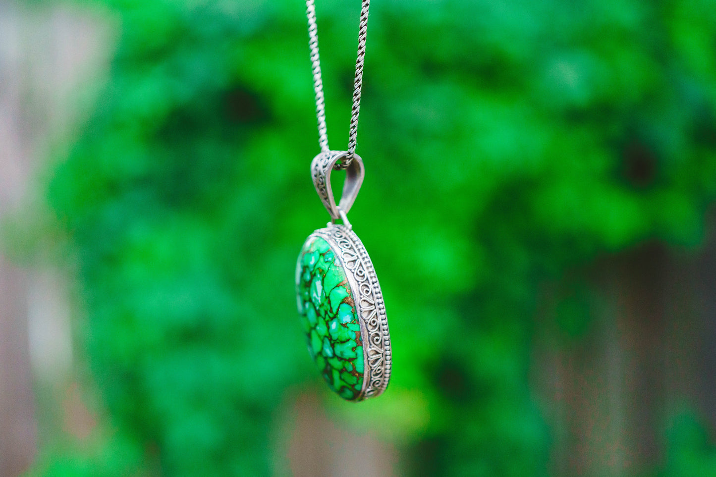 Sterling Silver Filigree Large Green Turquoise Pendants