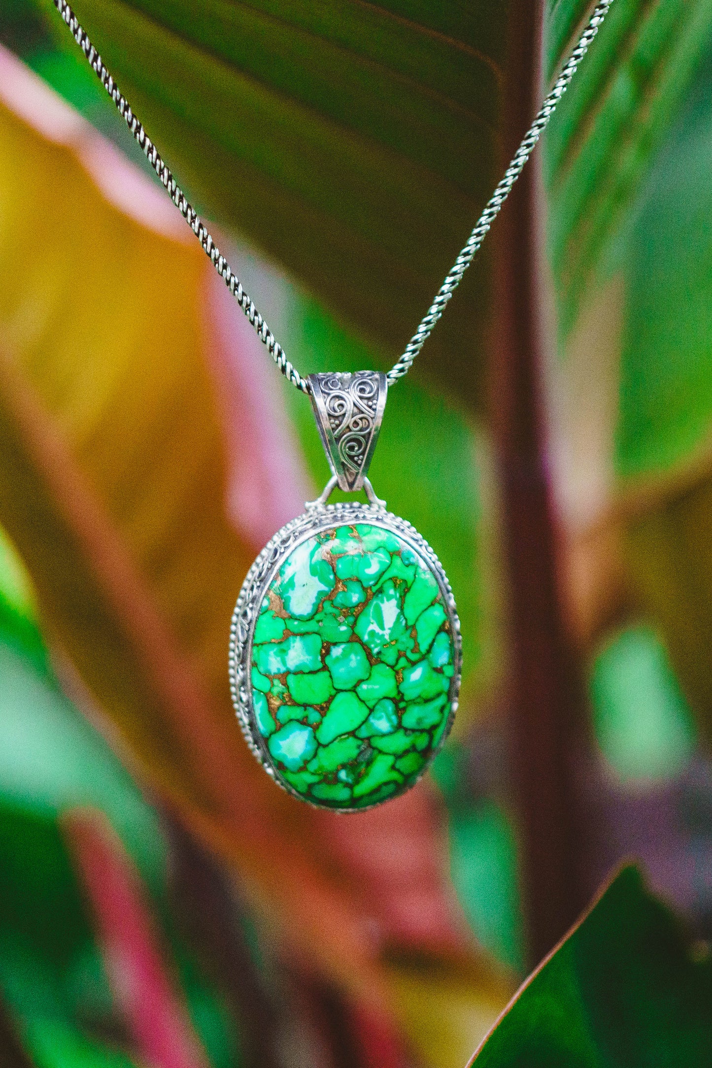 Sterling Silver Filigree Large Green Turquoise Pendants