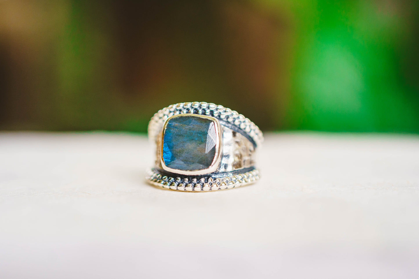 Sterling Silver Square Gemstone Hammered Rings
