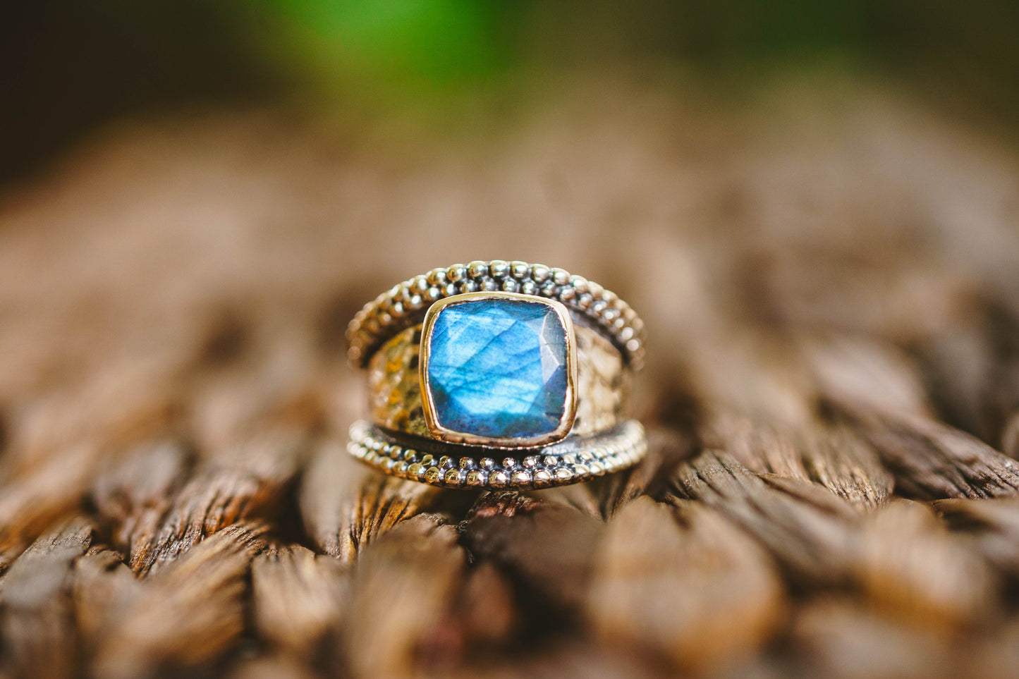 Sterling Silver Square Gemstone Hammered Rings