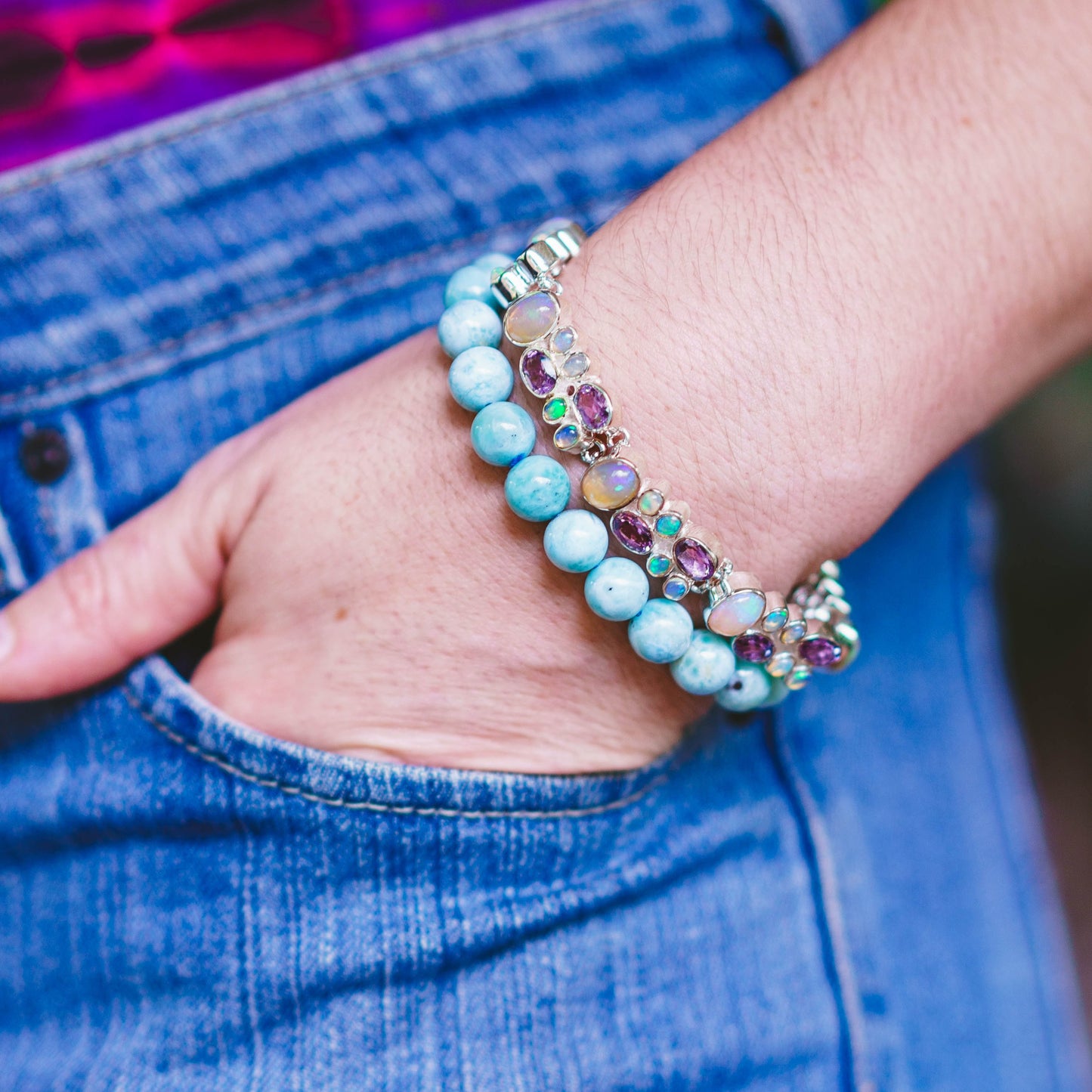 Sterling Silver Ethiopian Opal & Amethyst Bracelet