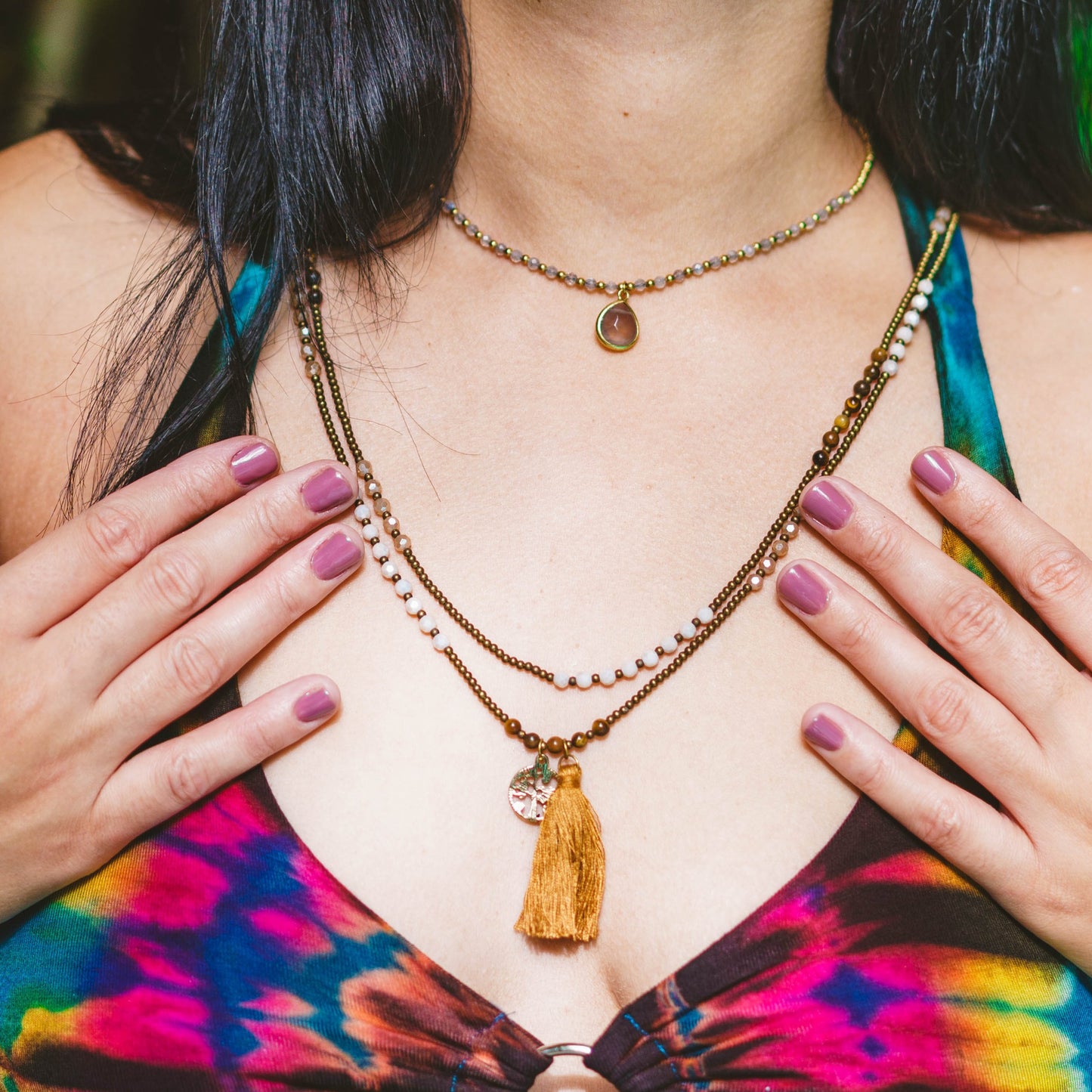 Brass Charm & Tassel Beaded Necklace