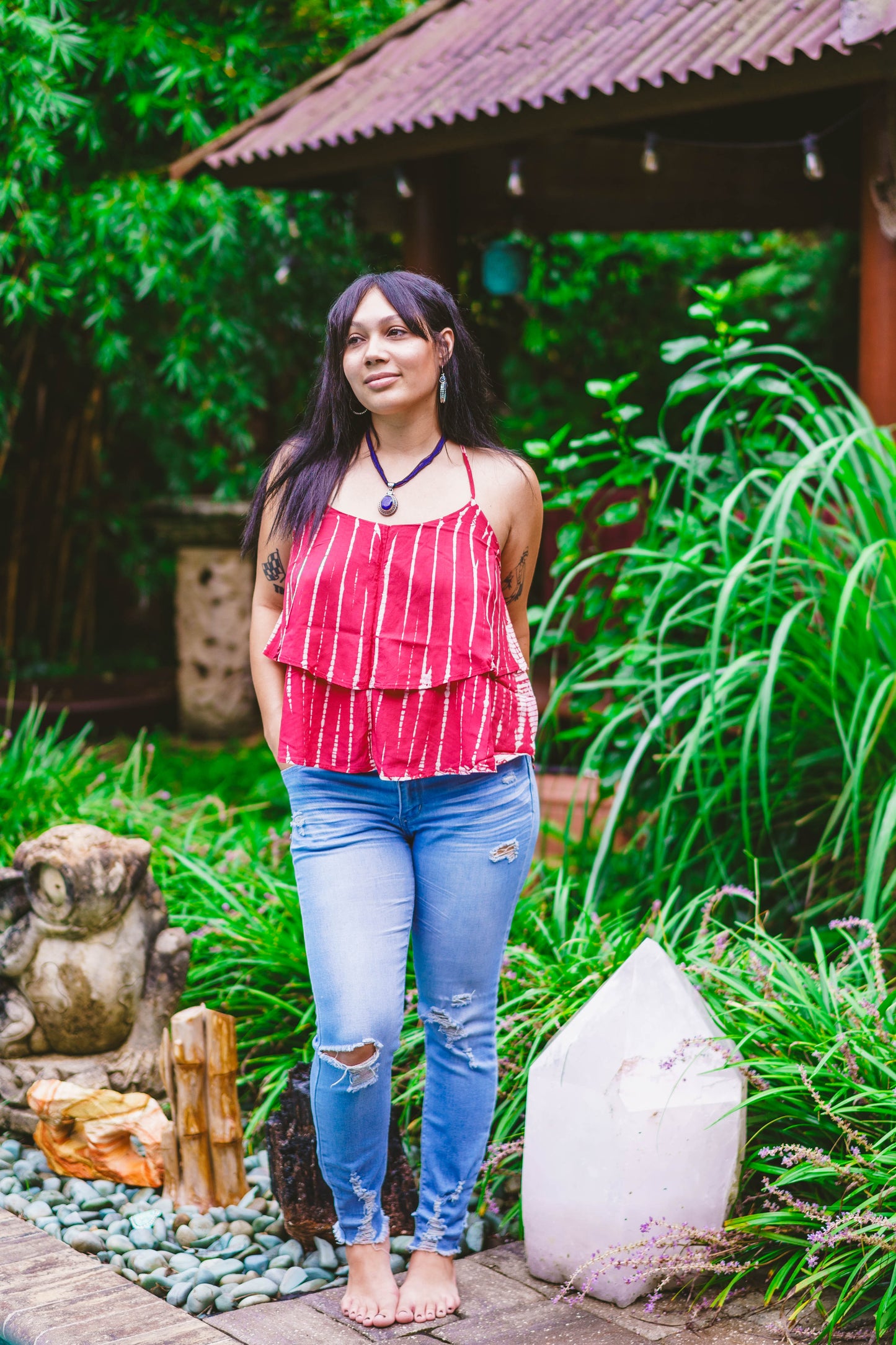 Tie Dyed Striped Ruffle Top