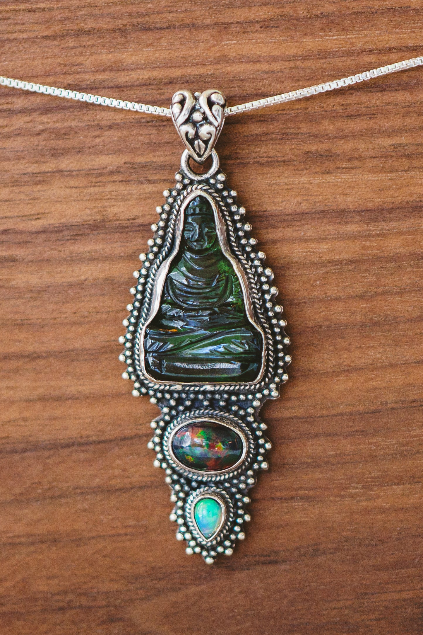Buddha Moldavite & Opal Pendants