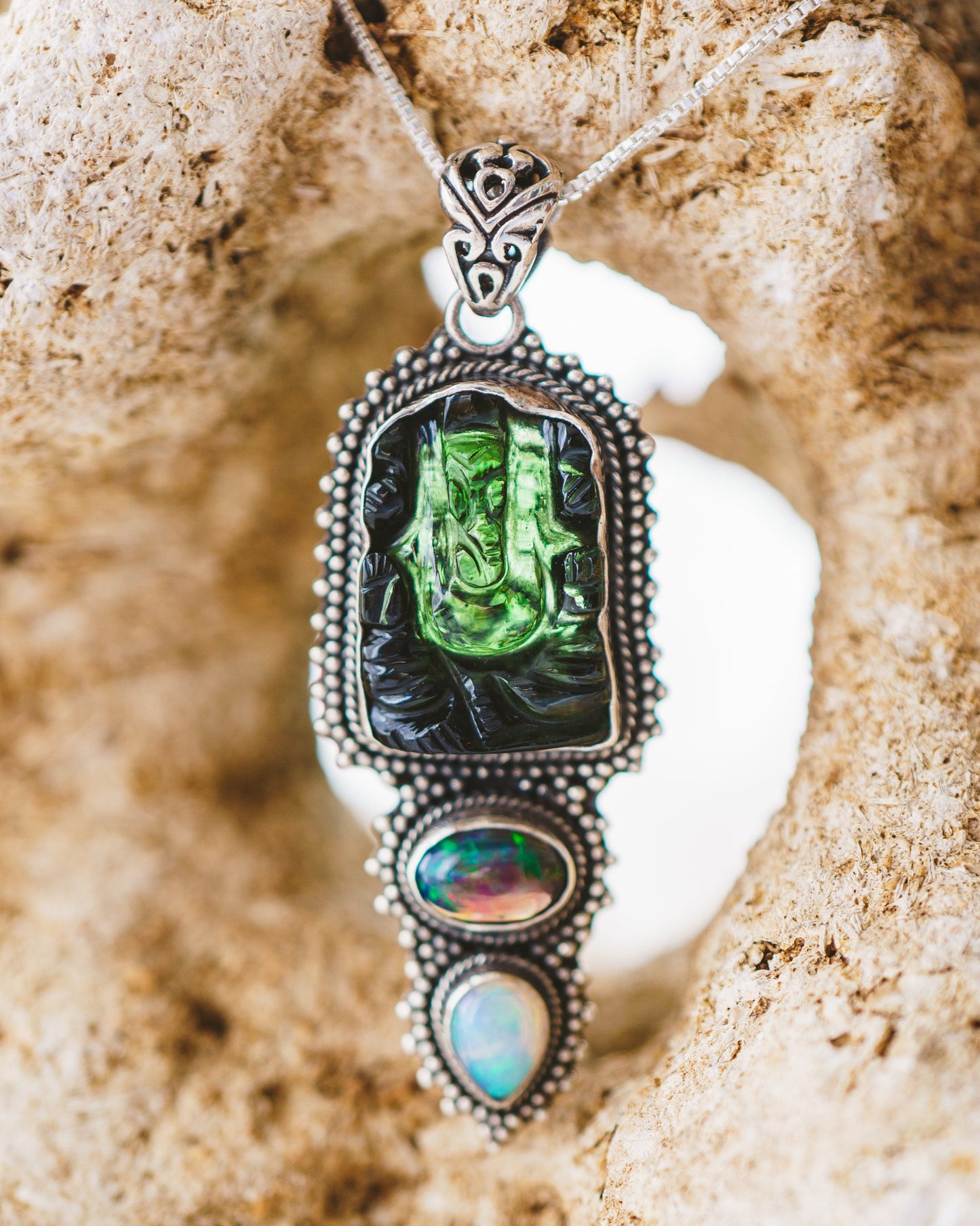 Ganesh Moldavite & Opal Pendants