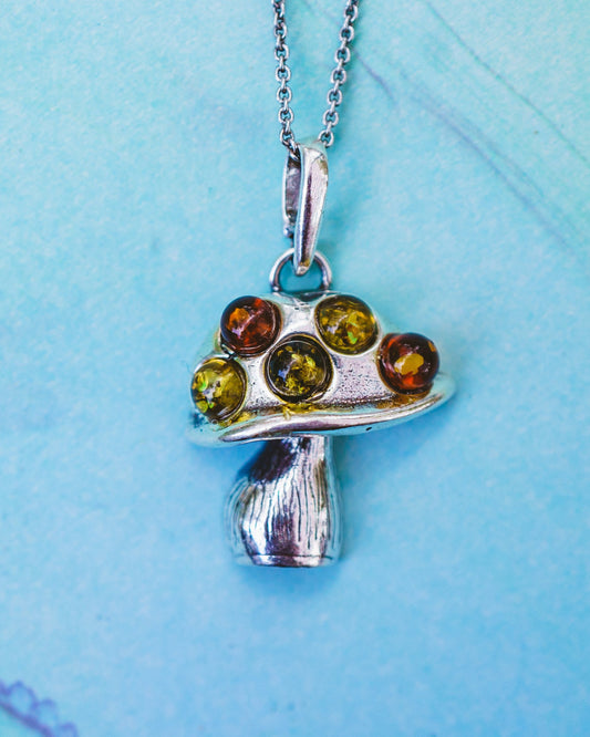 Sterling Silver Amber Mushroom Pendant