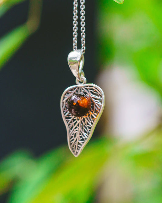 Sterling Silver Amber Leaf Pendant