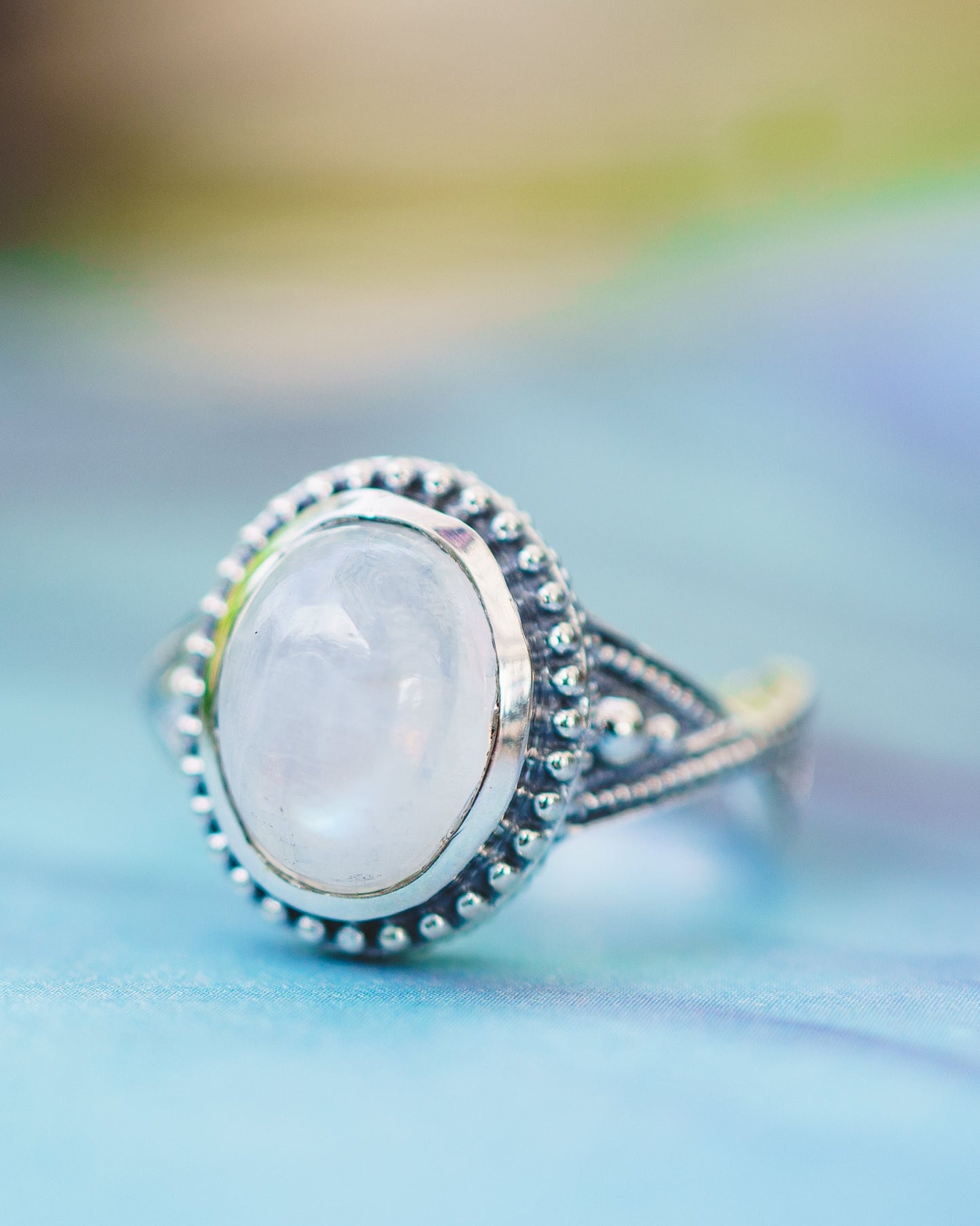 Sterling Silver Oval Moonstone Beaded Ring