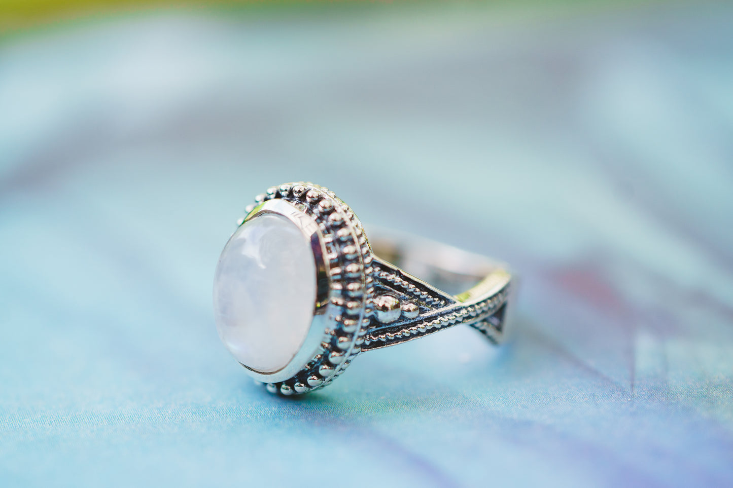 Sterling Silver Oval Moonstone Beaded Ring