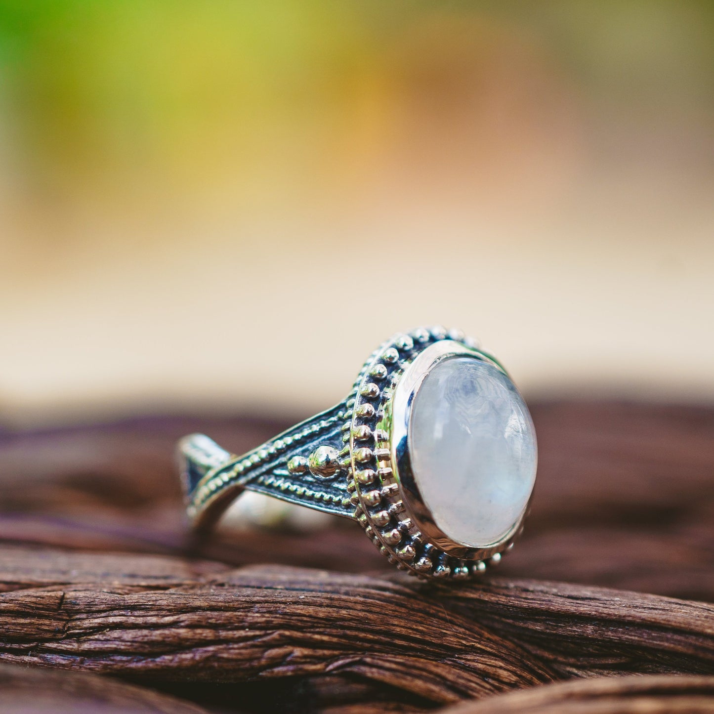 Sterling Silver Oval Moonstone Beaded Ring