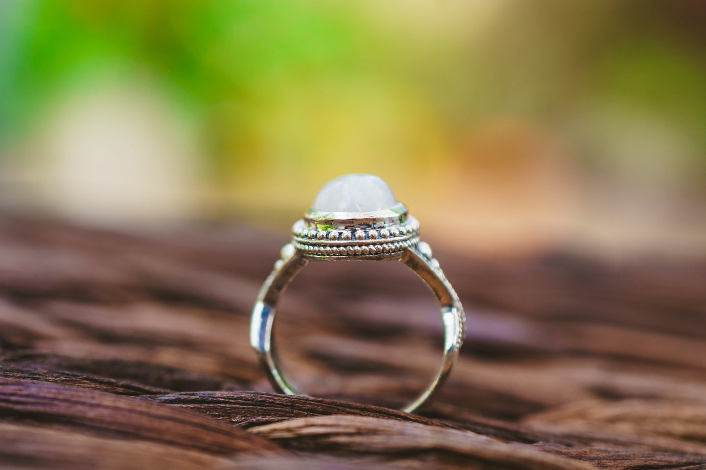 Sterling Silver Oval Moonstone Beaded Ring