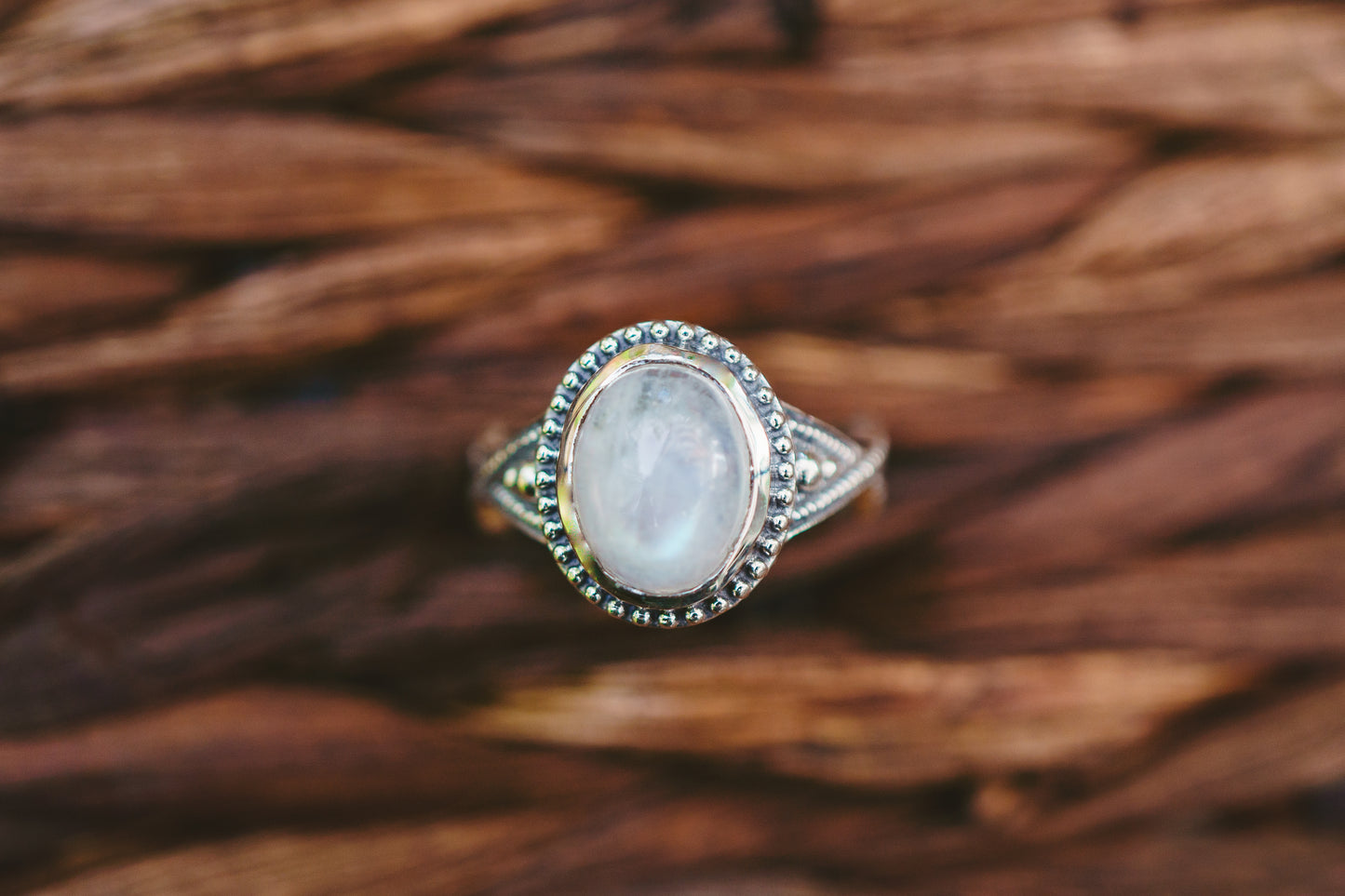 Sterling Silver Oval Moonstone Beaded Ring