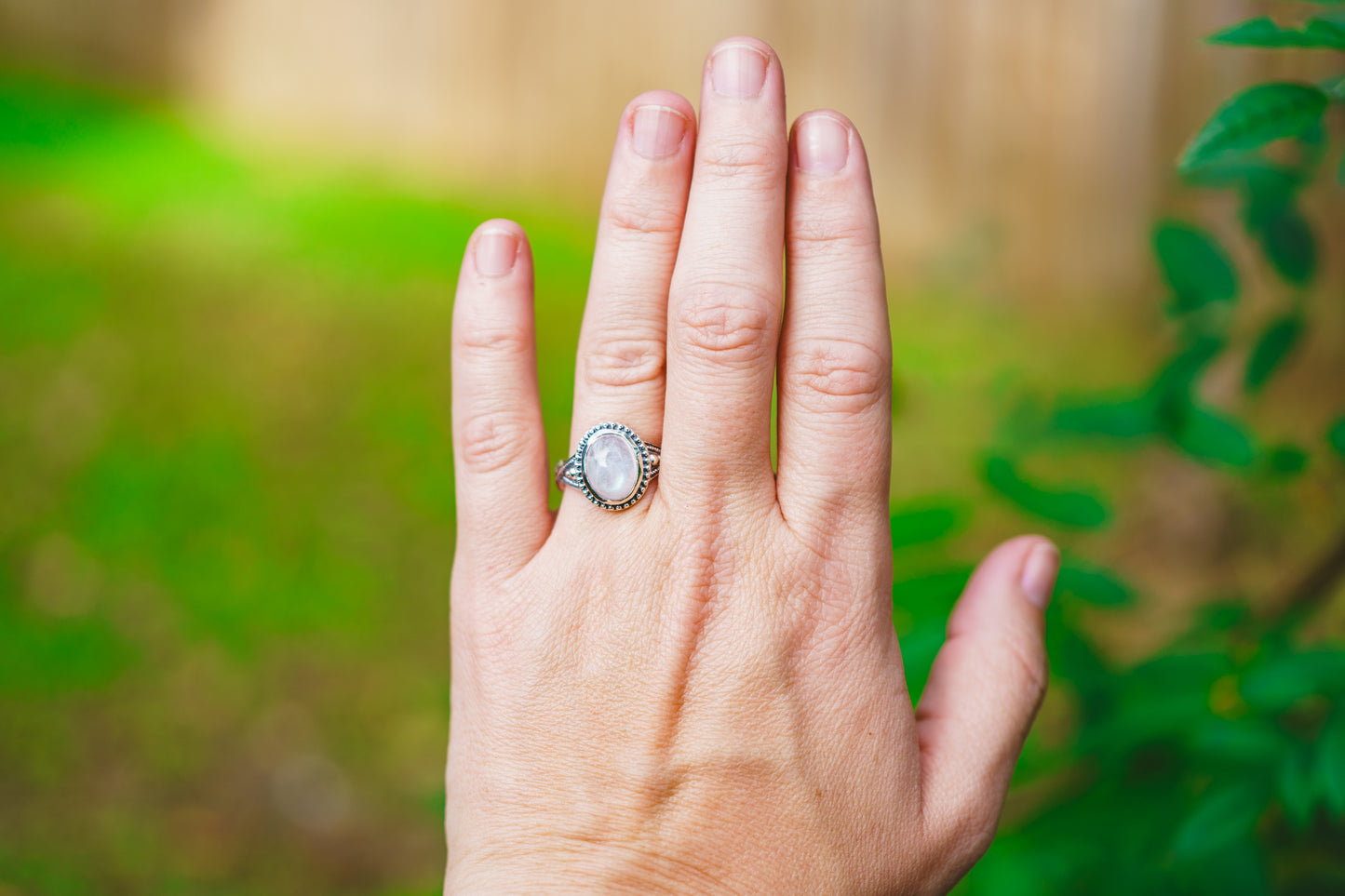 Sterling Silver Oval Moonstone Beaded Ring