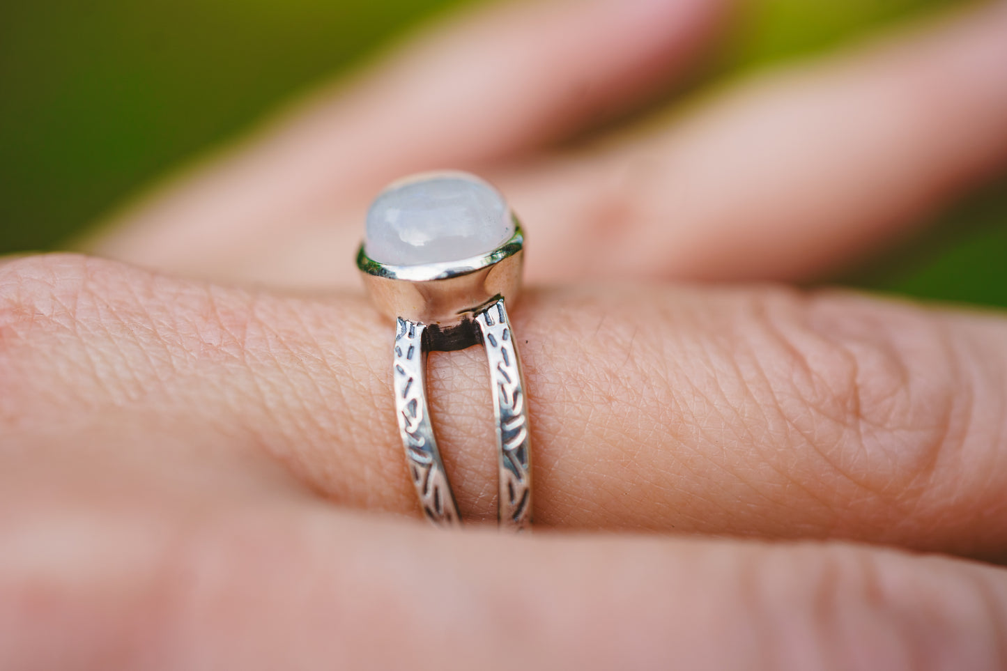 Sterling Silver Oval Moonstone Etched Ring