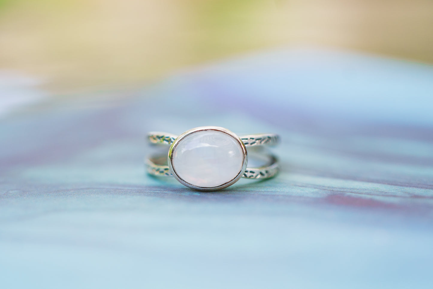 Sterling Silver Oval Moonstone Etched Ring