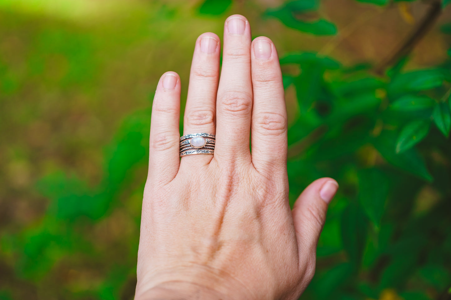 Sterling Silver Oval Moonstone Flower Band Ring