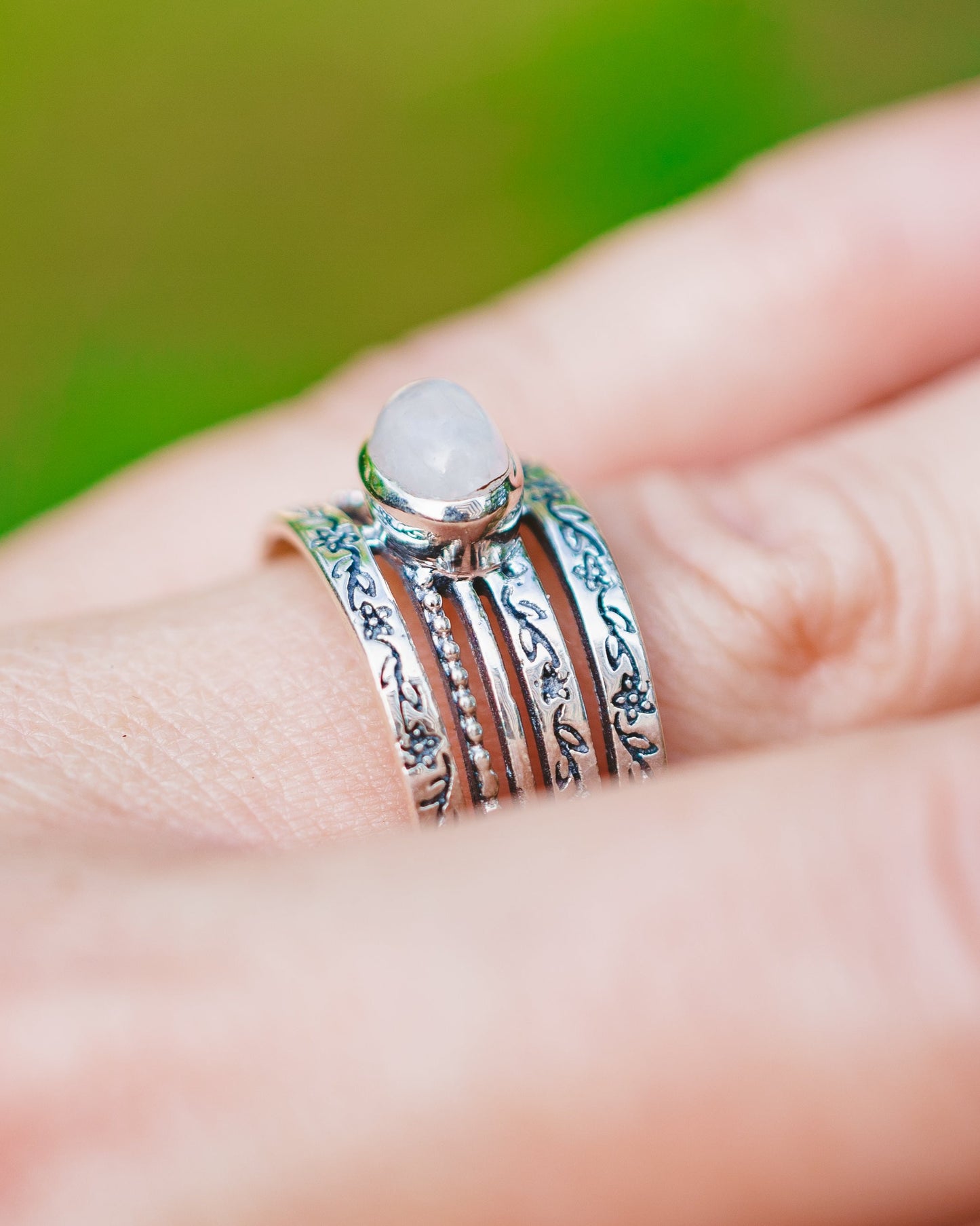 Sterling Silver Oval Moonstone Flower Band Ring