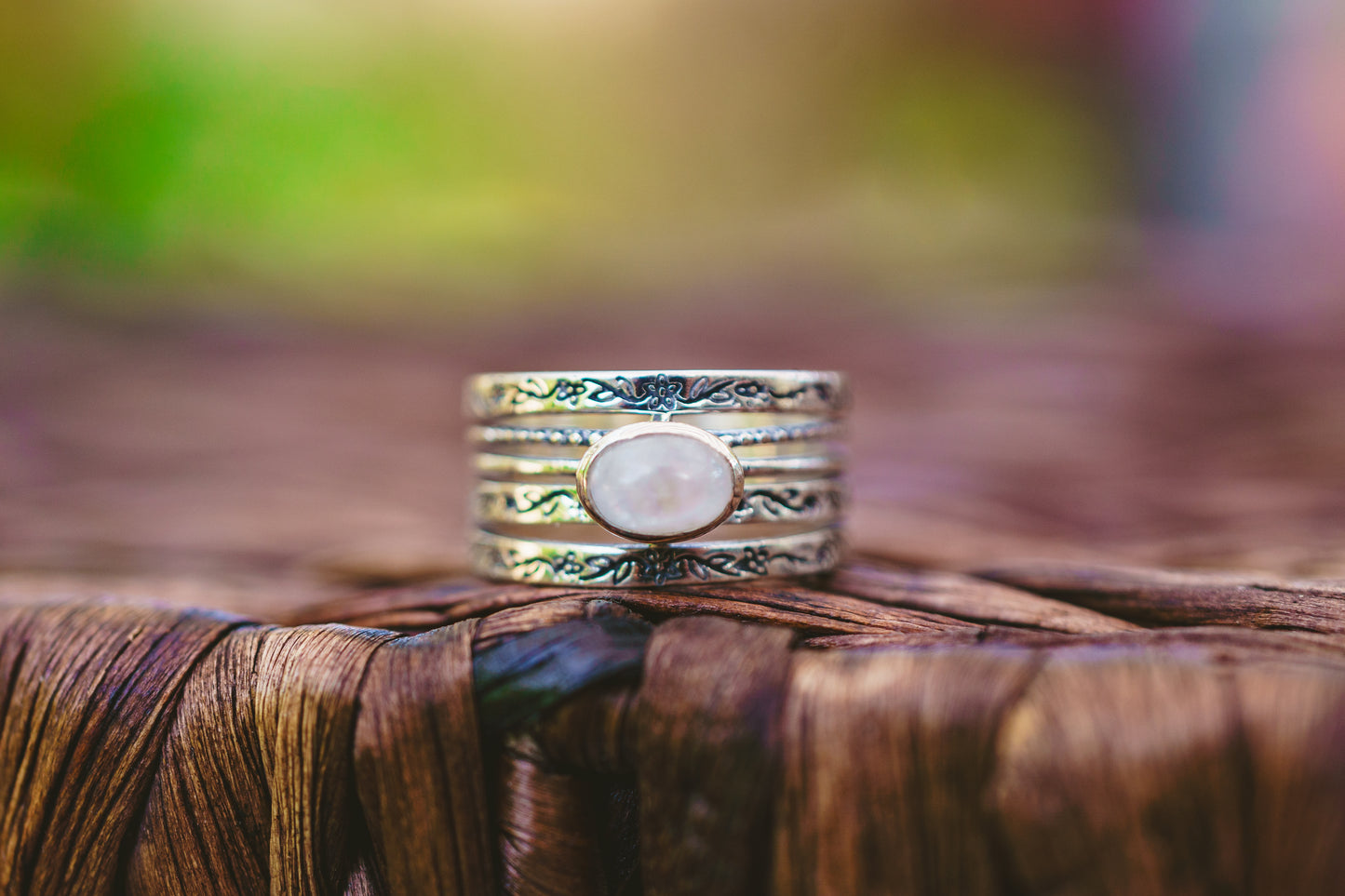 Sterling Silver Oval Moonstone Flower Band Ring