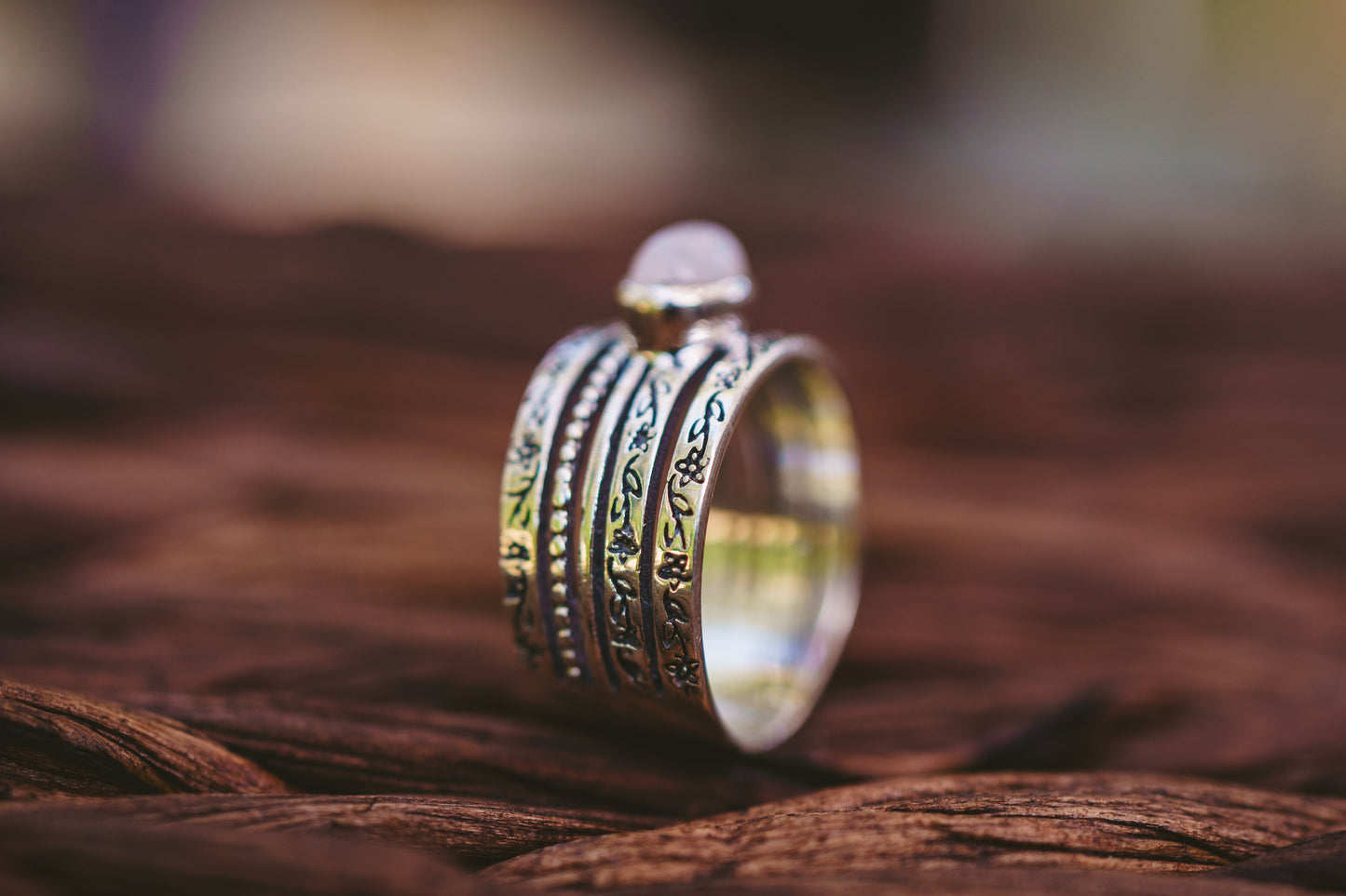 Sterling Silver Oval Moonstone Flower Band Ring