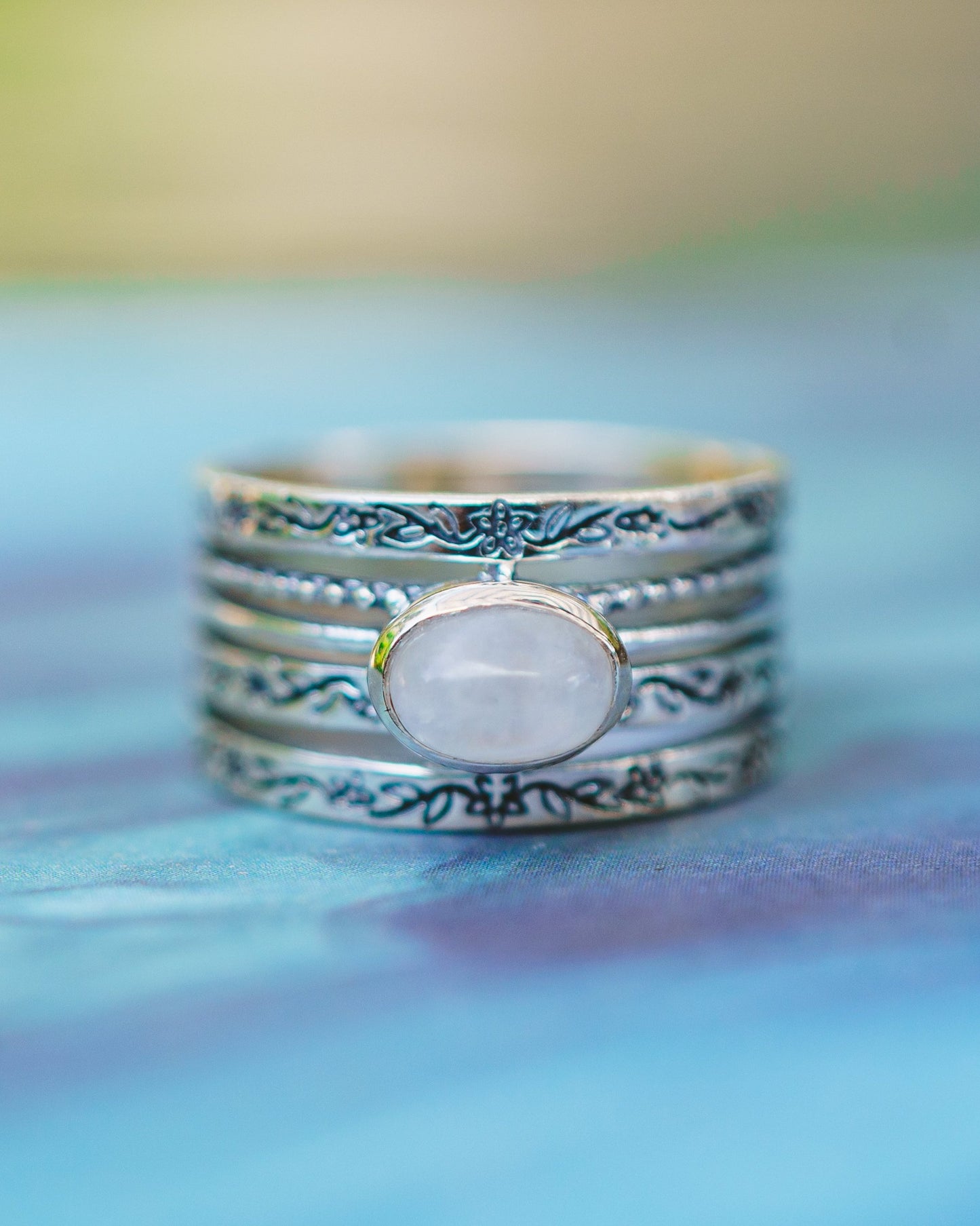 Sterling Silver Oval Moonstone Flower Band Ring