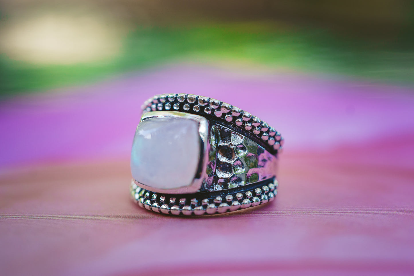 Sterling Silver Square Moonstone Hammered Rings