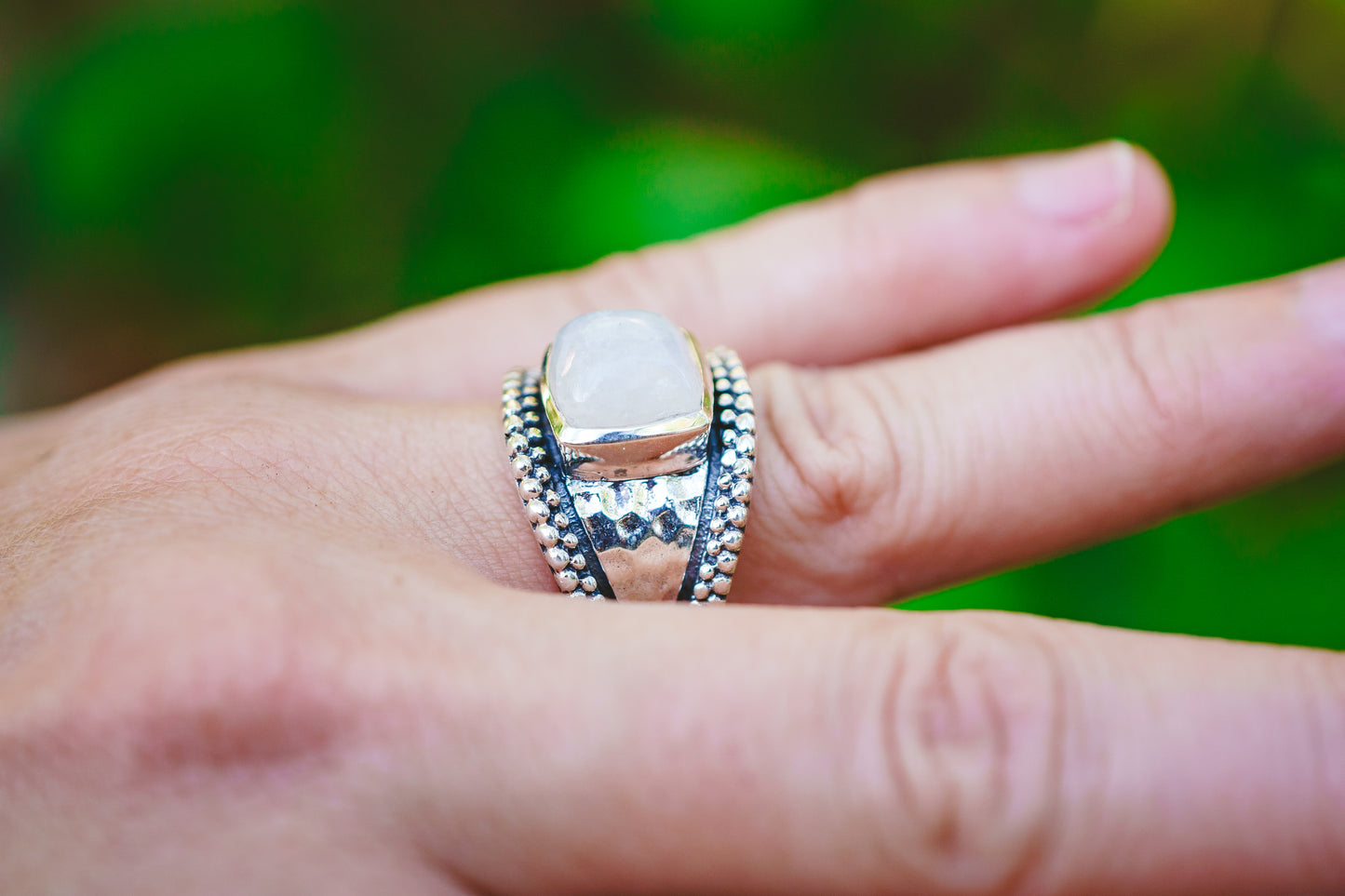 Sterling Silver Square Moonstone Hammered Rings