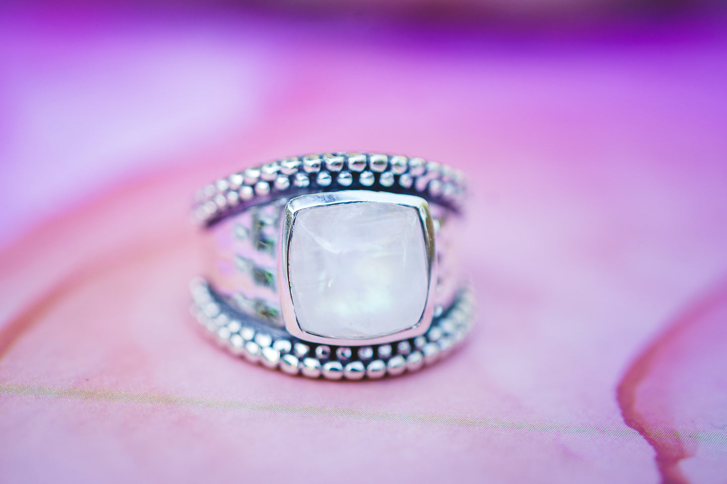 Sterling Silver Square Moonstone Hammered Rings