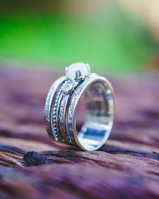 Sterling Silver Oval Triple Moonstone Flower Band Ring