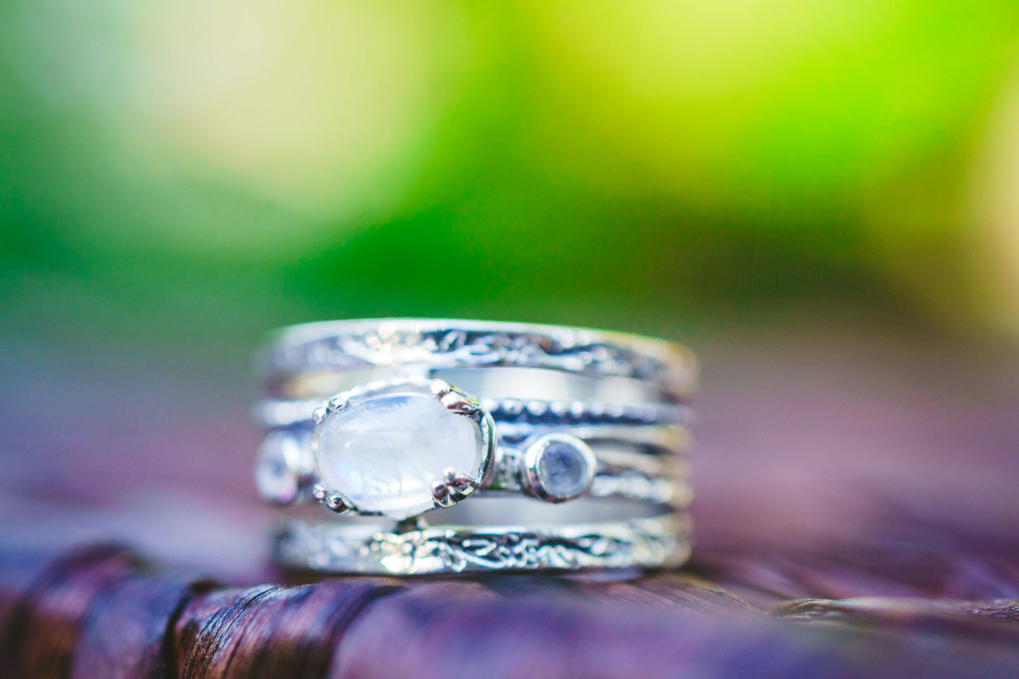 Sterling Silver Oval Triple Moonstone Flower Band Ring