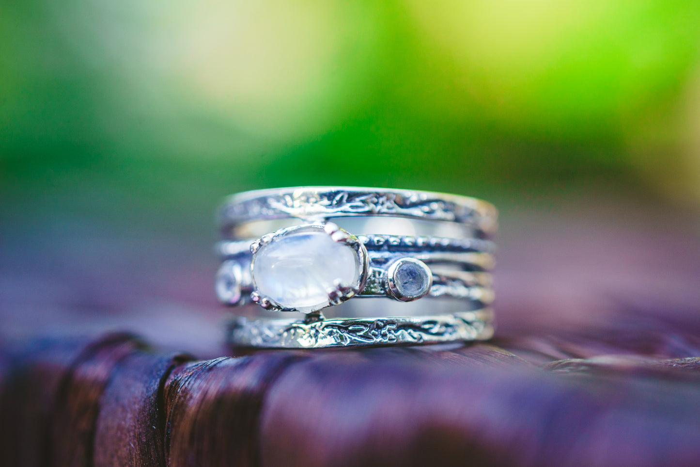 Sterling Silver Oval Triple Moonstone Flower Band Ring