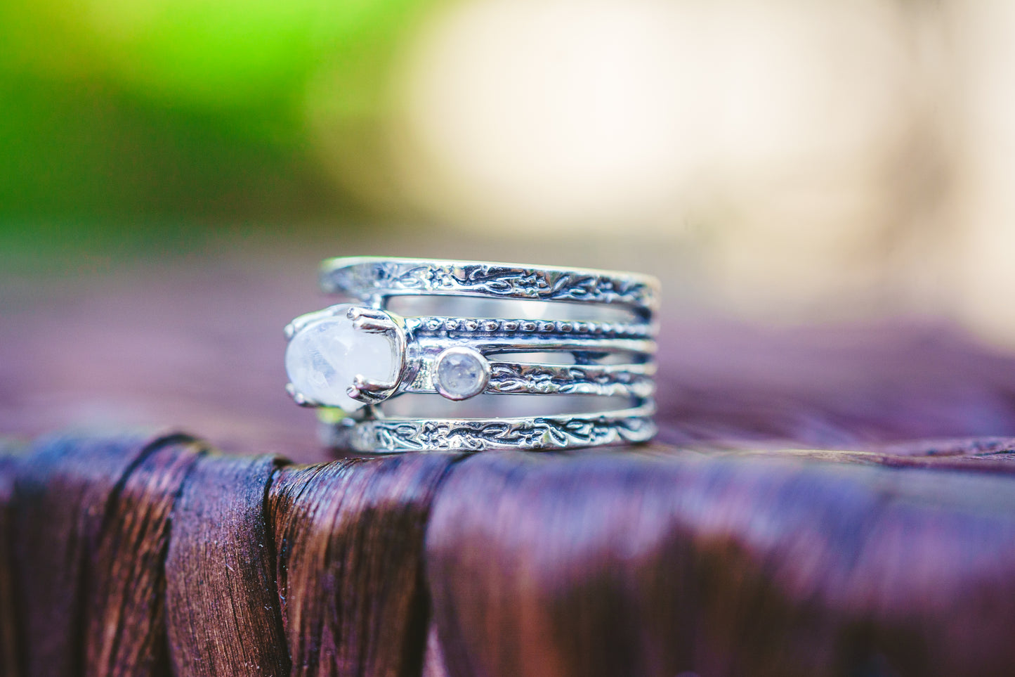 Sterling Silver Oval Triple Moonstone Flower Band Ring