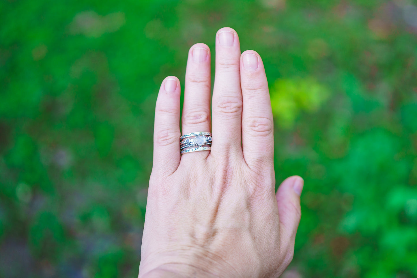 Sterling Silver Oval Triple Moonstone Flower Band Ring