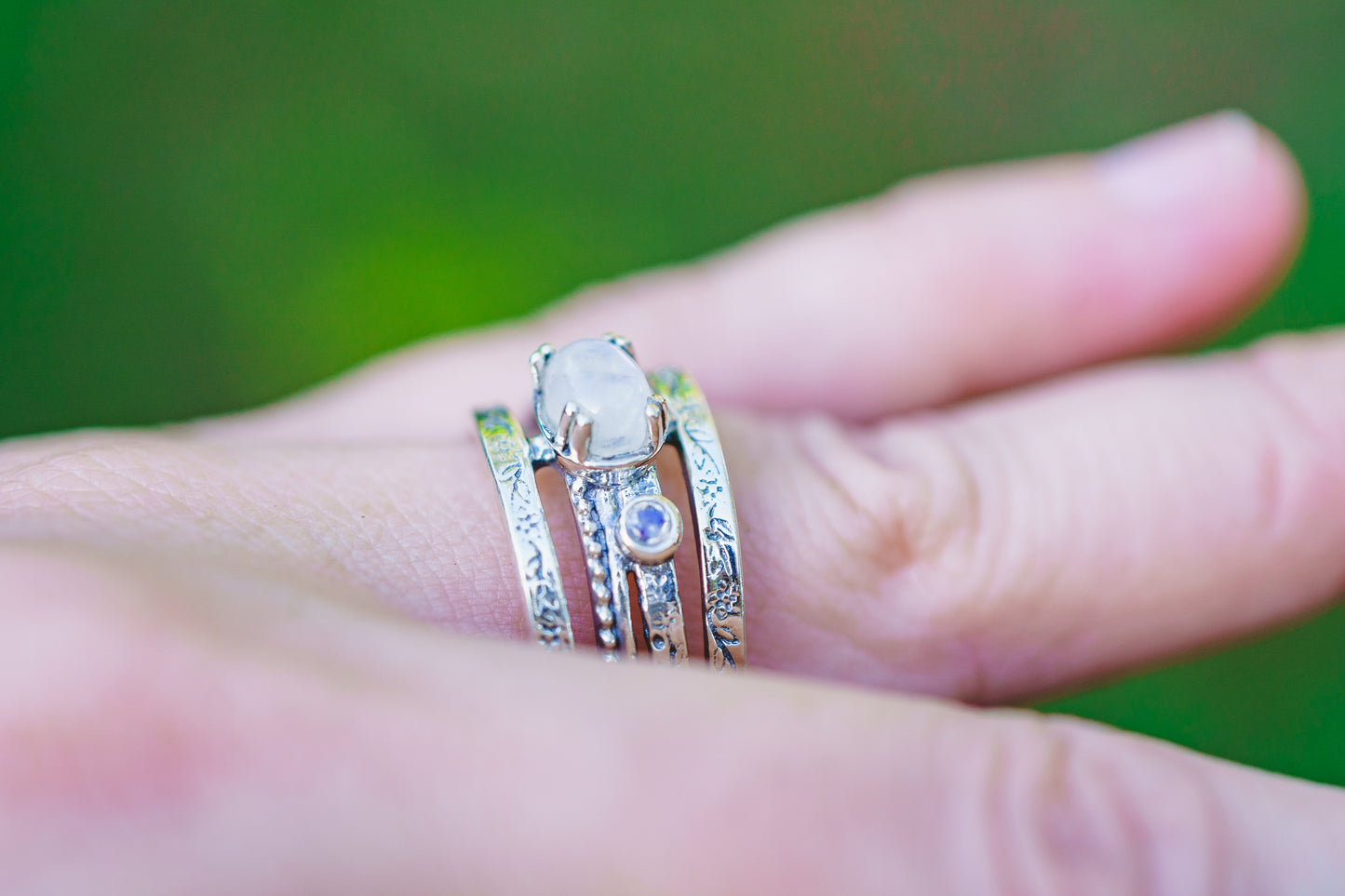 Sterling Silver Oval Triple Moonstone Flower Band Ring