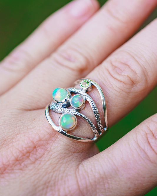 Sterling Silver Opal & Peridot Wave Ring