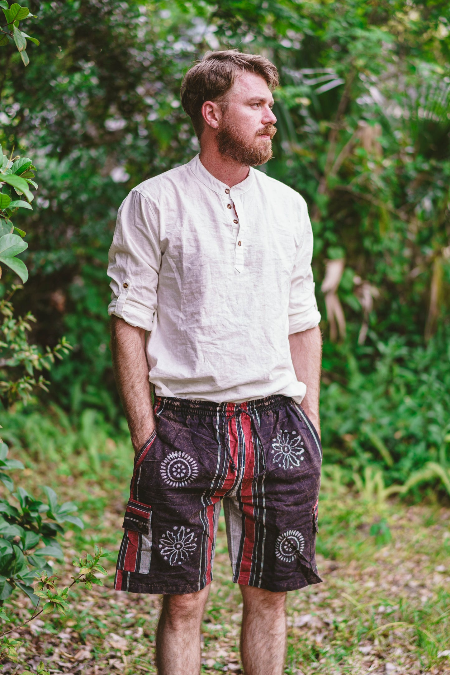 Shyama Cargo Shorts with Buddhist Astamangala Block Print