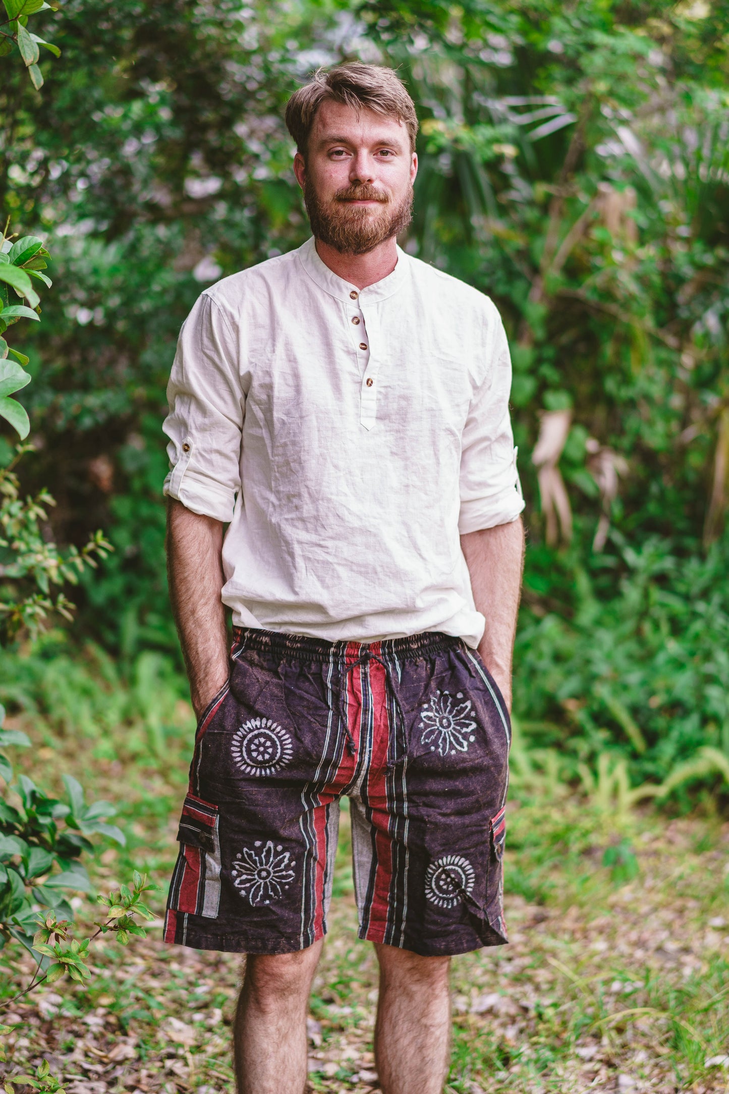 Shyama Cargo Shorts with Buddhist Astamangala Block Print