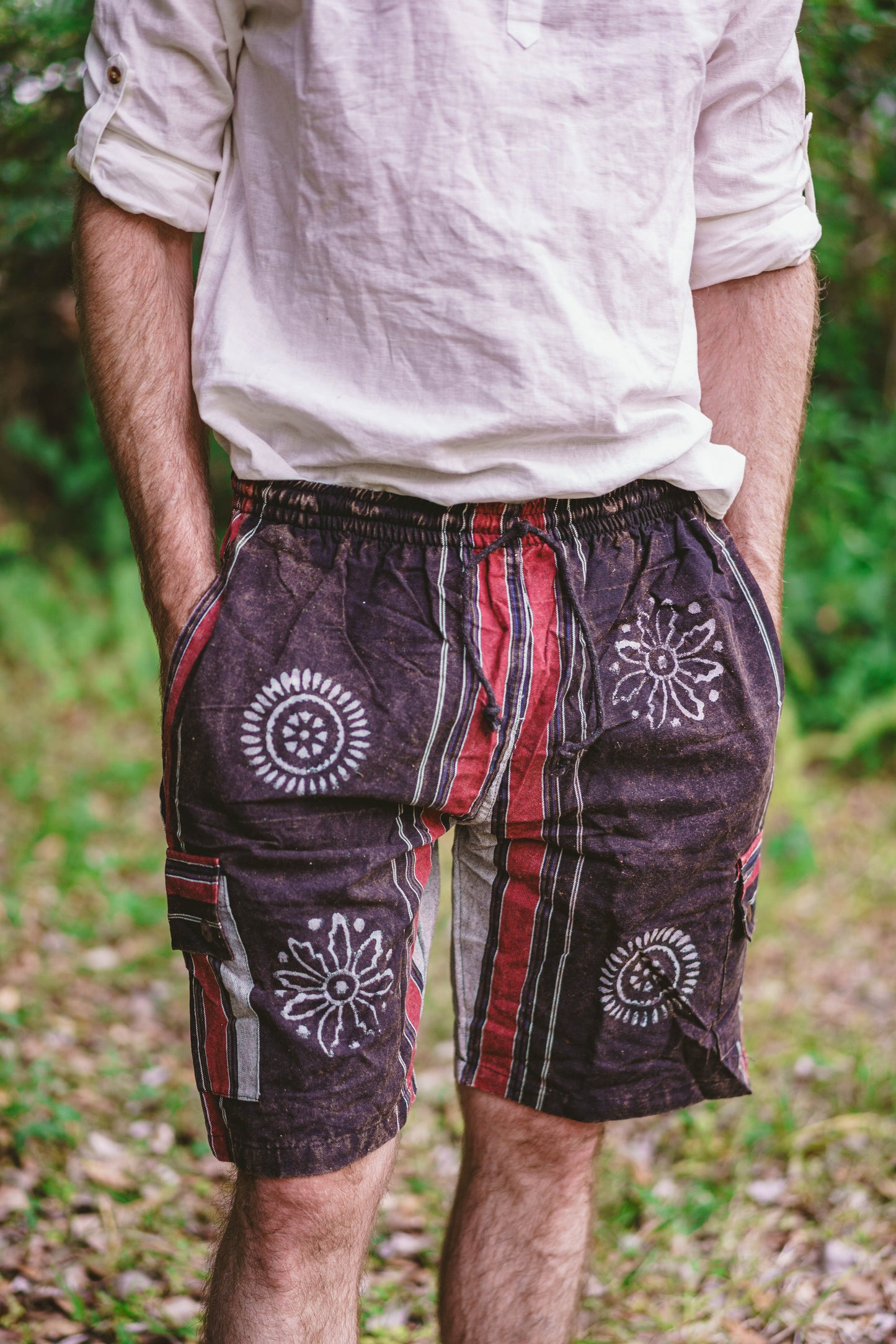 Shyama Cargo Shorts with Buddhist Astamangala Block Print