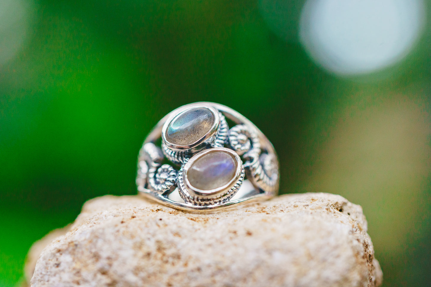 Sterling Silver Labradorite & Moonstone Twist Swirl Rings