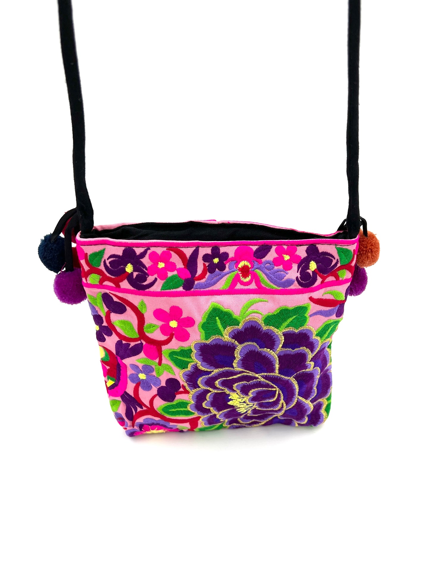 Embroidered Lotus Crossbody Bags w/ Pompoms