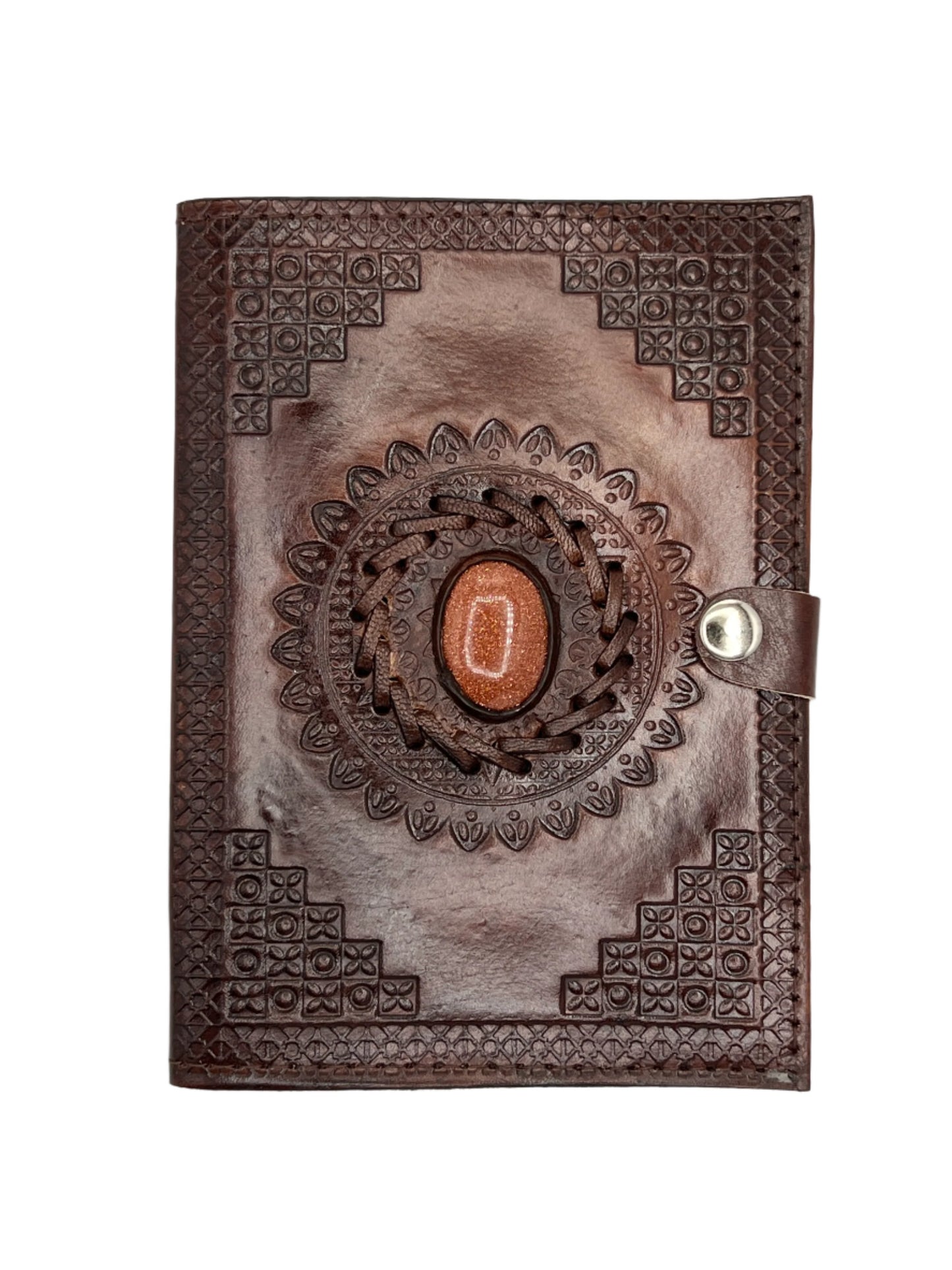 Camel Leather Gemstone Journal | Blocked Leaf Mandala | 7" x 5" x 1/2"