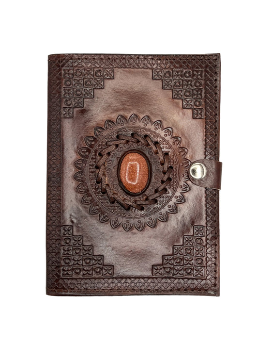 Camel Leather Gemstone Journal | Blocked Leaf Mandala | 7" x 5" x 1/2"