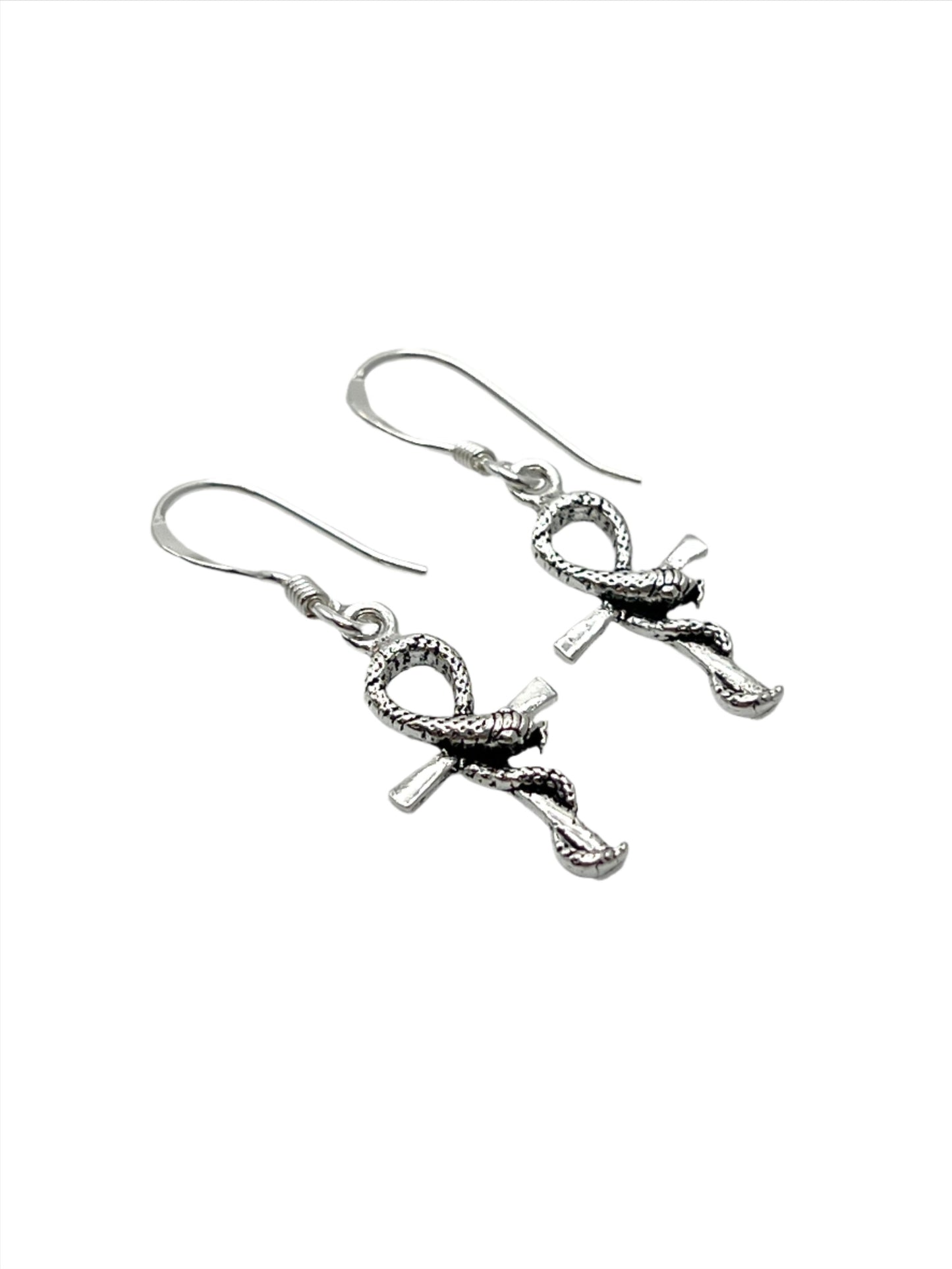 Sterling Silver Snake Ankh Earrings