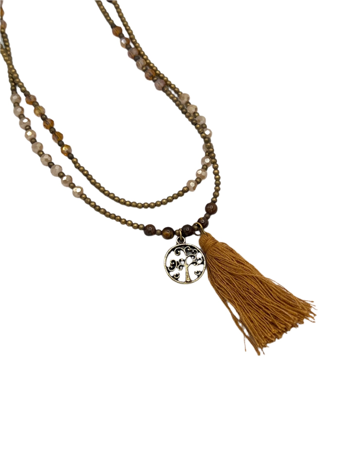 Brass Charm & Tassel Beaded Necklace