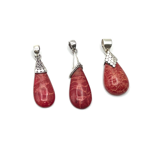Sterling Silver Red Coral Beaded Teardrop Pendant
