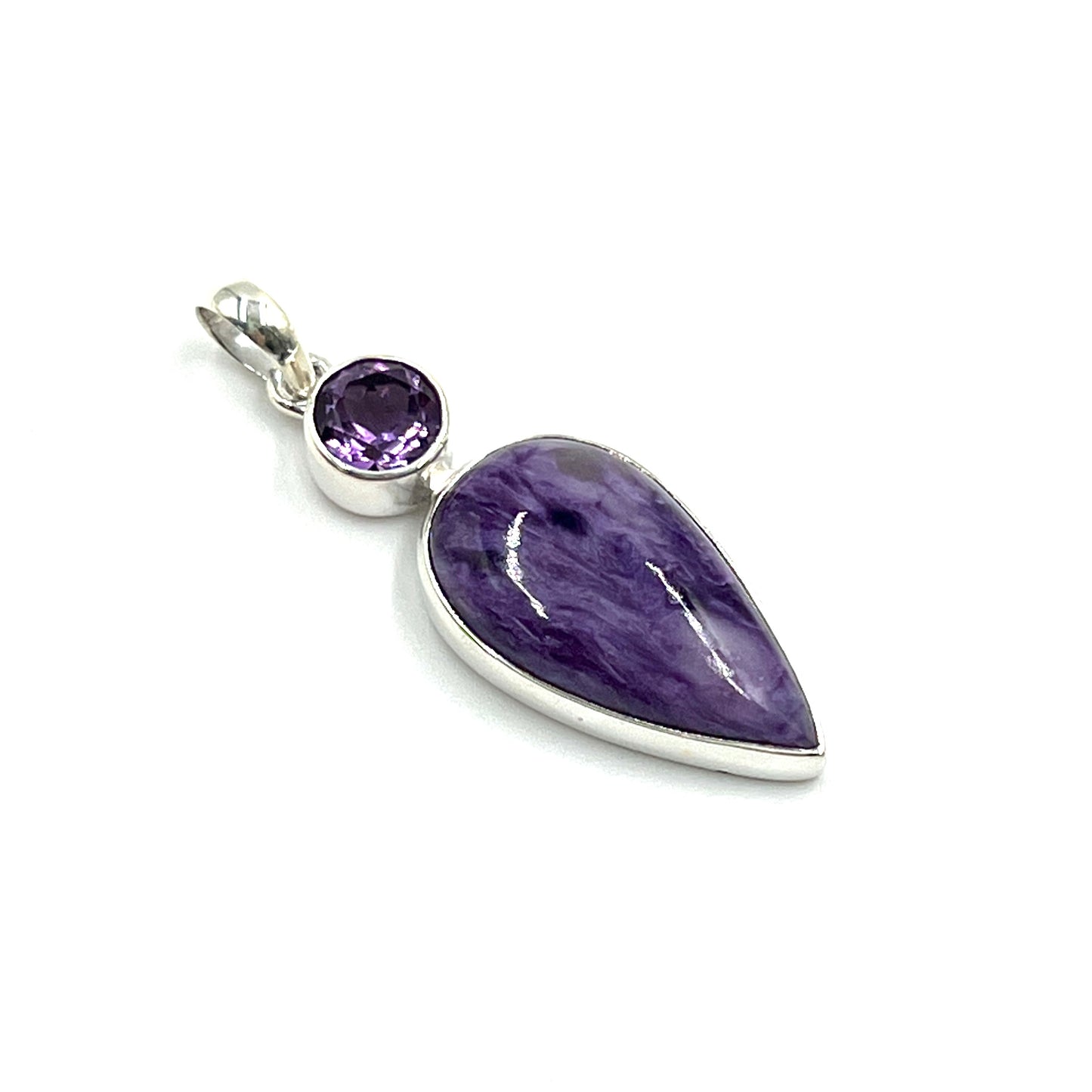 Sterling Silver Amethyst & Charoite Teardrop Pendants